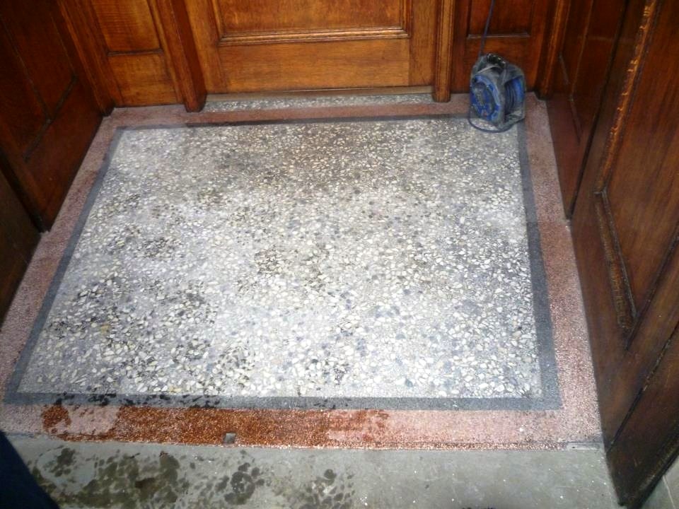 Terrazzo tiled vestibule in Glasgow before cleaning