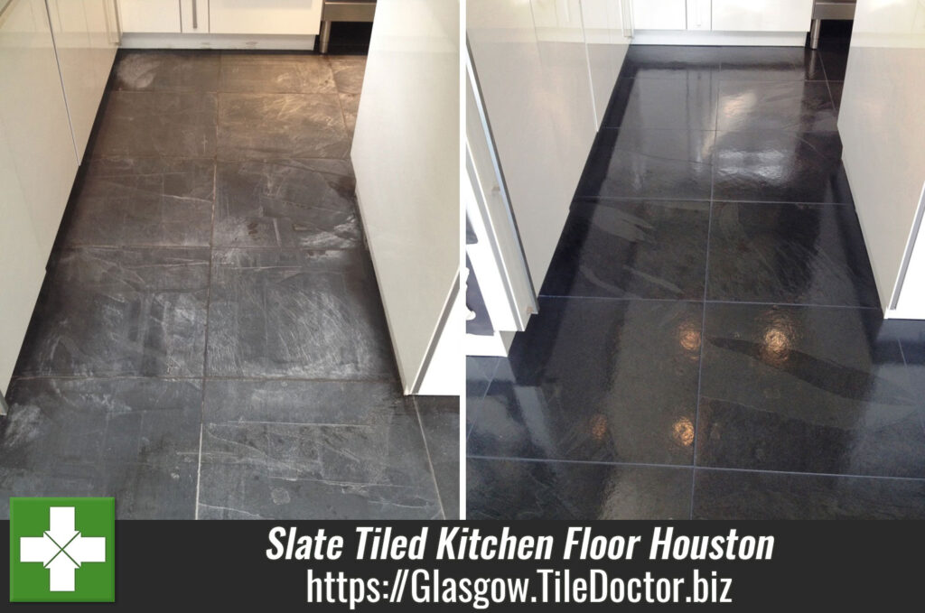 Slate tiled kitchen floor cleaned and re-sealed in Houston