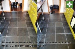 Slate tiled kitchen floor before and after cleaning in Linwood