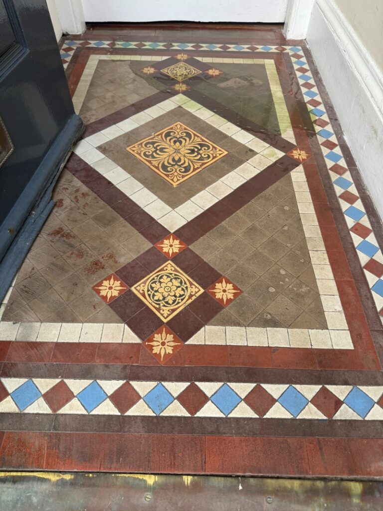 Geometric Encaustic Tiled Victorian Hallway Before Cleaning Glasgow West End